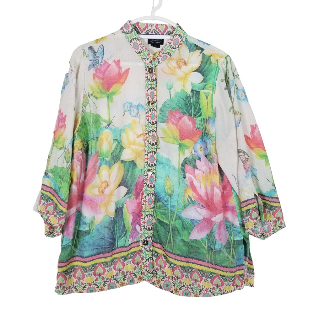 Citron Santa Monica Blouse Womens XL White Floral Butterfly Rayon Art To Wear